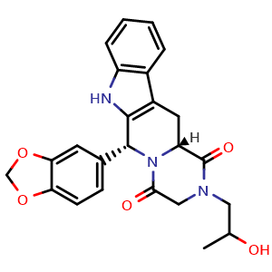 Chemical structure of (6R,12aR)-6-(1,3-Benzodioxol-5-yl)-2,3,6,7,12,12a-hexahydro-2-(2-hydroxypropyl)pyrazino[1′,2′:1,6]pyrido[3,4-b]indole-1,4-dione , CAS 1353020-85-5, AChemBlock AD270192