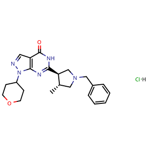 Chemical structure of 4H-Pyrazolo[3,4-d]pyrimidin-4-one, 1,5-dihydro-6-[(3R,4R)-4-methyl-1-(phenylmethyl)-3-pyrrolidinyl]-1-(tetrahydro-2H-pyran-4-yl)-, hydrochloride,rel- , AChemBlock AD270196