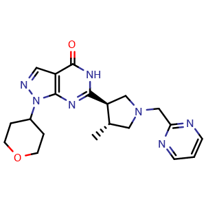 Chemical structure of 6-((3R,4R)-4-Methyl-1-(pyrimidin-2-ylmethyl)pyrrolidin-3-yl)-1-(tetrahydro-2H-pyran-4-yl)-1H-pyrazolo[3,4-d]pyrimidin-4(5H)-one , AChemBlock AD270197