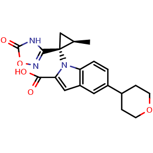 Chemical structure of 1-((1R,2R)-2-Methyl-1-(5-oxo-4,5-dihydro-1,2,4-oxadiazol-3-yl)cyclopropyl)-5-(tetrahydro-2H-pyran-4-yl)-1H-indole-2-carboxylic acid , AChemBlock AD270198