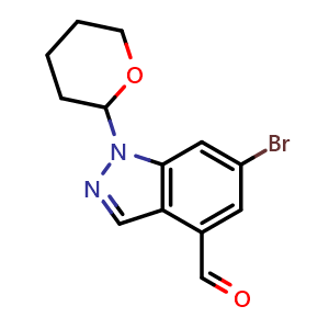 Chemical structure of 6-Bromo-1-(tetrahydro-2H-pyran-2-yl)-1H-indazole-4-carbaldehyde , CAS 2567067-10-9, AChemBlock AD270219