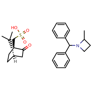Chemical structure of 1-Benzhydryl-2-methylazetidine ((1S,4R)-7,7-dimethyl-2-oxobicyclo[2.2.1]heptan-1-yl)methanesulfonate , AChemBlock AD270269