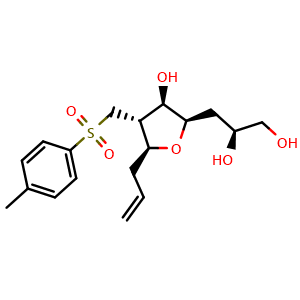 Chemical structure of 1,2-Propanediol, 3-[(2R,3R,4R,5S)-tetrahydro-3-hydroxy-4-[[(4-methylphenyl)sulfonyl]methyl]-5-(2-propen-1-yl)-2-furanyl]-, (2S) , CAS 1808153-92-5, AChemBlock AD270270