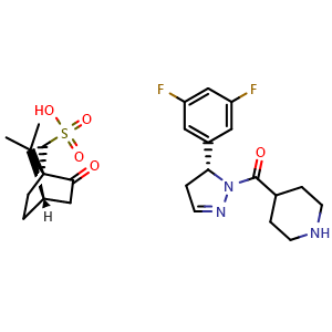 Chemical structure of (R)-(5-(3,5-Difluorophenyl)-4,5-dihydro-1H-pyrazol-1-yl)(piperidin-4-yl)methanone ((1R,4S)-7,7-dimethyl-2-oxobicyclo[2.2.1]heptan-1-yl)methanesulfonate , CAS 2376846-87-4, AChemBlock AD270271