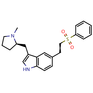 Chemical structure of (R)-3-((1-Methylpyrrolidin-2-yl)methyl)-5-(2-(phenylsulfonyl)vinyl)-1H-indole , CAS 180637-89-2, AChemBlock AD270273