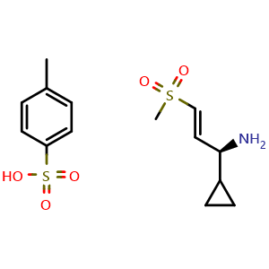 Chemical structure of (S,E)-1-Cyclopropyl-3-(methylsulfonyl)prop-2-en-1-amine 4-(methylbenzenesulfonate) , CAS 3026089-18-6, AChemBlock AD270300