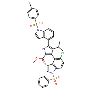 Chemical structure of Methyl 3-(5-chloro-1-(phenylsulfonyl)-1H-indol-4-yl)-4-isopropyl-5-(1-tosyl-1H-indol-4-yl)-1H-pyrrole-2-carboxylate , AChemBlock AD270314