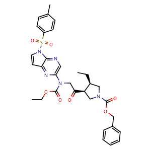 Chemical structure of Benzyl (3S,4R)-3-(N-(ethoxycarbonyl)-N-(5-tosyl-5H-pyrrolo[2,3-b]pyrazin-2-yl)glycyl)-4-ethylpyrrolidine-1-carboxylate , AChemBlock AD270315
