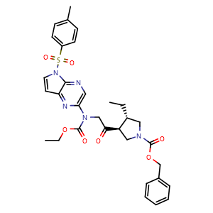 Chemical structure of Phenylmethyl (3S,4S)-3-[2-[(ethoxycarbonyl)[5-[(4-methylphenyl)sulfonyl]-5H-pyrrolo[2,3-b]pyrazin-2-yl]amino]acetyl]-4-ethyl-1-pyrrolidinecarboxylate , CAS 2715120-95-7, AChemBlock AD270316