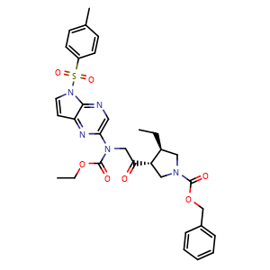Chemical structure of Benzyl (3R,4R)-3-(N-(ethoxycarbonyl)-N-(5-tosyl-5H-pyrrolo[2,3-b]pyrazin-2-yl)glycyl)-4-ethylpyrrolidine-1-carboxylate , AChemBlock AD270317