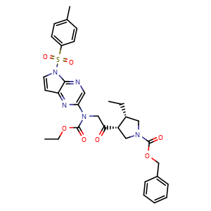 Chemical structure of (3R,4S)-Benzyl 3-(2-((ethoxycarbonyl)(5-tosyl-5H-pyrrolo[2,3-b]pyrazin-2-yl)amino)acetyl)-4-ethylpyrrolidine-1-carboxylate , CAS 2050038-81-6, AChemBlock AD270318