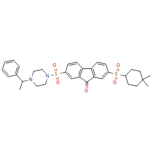 Chemical structure of 2-((4,4-Dimethylcyclohexyl)sulfonyl)-7-((4-(1-phenylethyl)piperazin-1-yl)sulfonyl)-9H-fluoren-9-one , CAS 2093570-60-4, AChemBlock AD270331