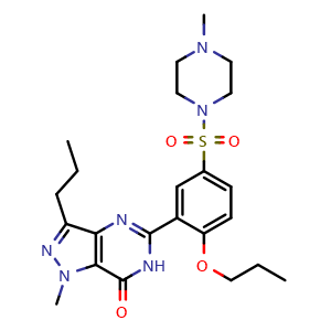 Chemical structure of 1-Methyl-5-(5-((4-methylpiperazin-1-yl)sulfonyl)-2-propoxyphenyl)-3-propyl-1H-pyrazolo[4,3-d]pyrimidin-7(6H)-one , CAS 877777-10-1, AChemBlock AD270332