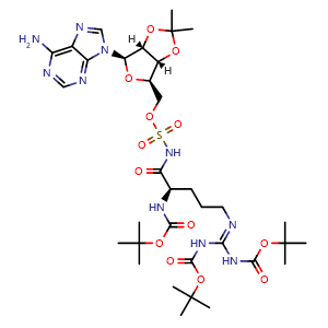 Chemical structure of ((3aR,4R,6R,6aR)-6-(6-Amino-9H-purin-9-yl)-2,2-dimethyltetrahydrofuro[3,4-d][1,3]dioxol-4-yl)methyl ((R)-2-((tert-butoxycarbonyl)amino)-5-((2,2,10,10-tetramethyl-4,8-dioxo-3,9-dioxa-5,7-diazaundecan-6-ylidene)amino)pentanoyl)sulfamate , AChemBlock AD270334