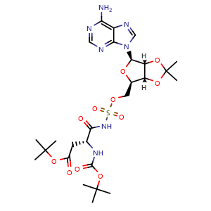 Chemical structure of (R)-tert-Butyl 4-(((((3aR,4R,6R,6aR)-6-(6-amino-9H-purin-9-yl)-2,2-dimethyltetrahydrofuro[3,4-d][1,3]dioxol-4-yl)methoxy)sulfonyl)amino)-3-((tert-butoxycarbonyl)amino)-4-oxobutanoate , AChemBlock AD270335