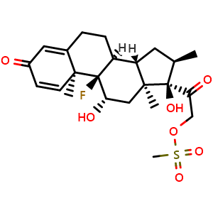 Chemical structure of 2-((8S,9R,10S,11S,13S,14S,16R,17R)-9-Fluoro-11,17-dihydroxy-10,13,16-trimethyl-3-oxo-6,7,8,9,10,11,12,13,14,15,16,17-dodecahydro-3H-cyclopenta[a]phenanthren-17-yl)-2-oxoethyl methanesulfonate , CAS 2265-22-7, AChemBlock AD270359
