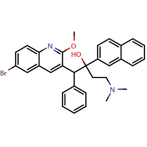 Chemical structure of 1-(6-Bromo-2-methoxyquinolin-3-yl)-4-(dimethylamino)-2-(naphthalen-2-yl)-1-phenylbutan-2-ol , CAS 916801-19-9, AChemBlock AD270379