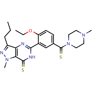 Chemical structure of 5-(2-Ethoxy-5-(4-methylpiperazine-1-carbonothioyl)phenyl)-1-methyl-3-propyl-1H-pyrazolo[4,3-d]pyrimidine-7(6H)-thione , CAS 1333233-46-7, AChemBlock AD270442