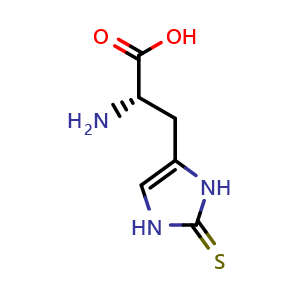 Chemical structure of (alphaS)-alpha-Amino-2,3-dihydro-2-thioxo-1H-imidazole-4-propanoic acid , CAS 2002-22-4, AChemBlock AD270444