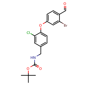Chemical structure of tert-butyl (4-(3-bromo-4-formylphenoxy)-3-chlorobenzyl)carbamate , AChemBlock AD270458