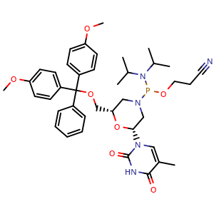 Chemical structure of 3-({[(2S,6R)-2-[(bis(4-methoxyphenyl)(phenyl)methoxy)methyl]-6-(5-methyl-2,4-dioxo-1,2,3,4-tetrahydropyrimidin-1-yl)morpholin-4-yl](bis(propan-2-yl)amino)phosphanyl}oxy)propanenitrile , CAS 1037305-43-3, AChemBlock AD270512