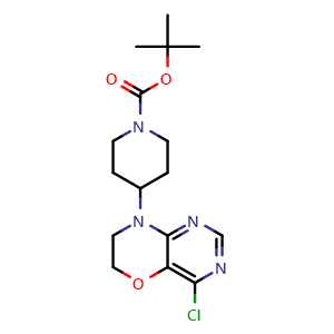 Chemical structure of tert-butyl 4-(4-chloro-6H,7H,8H-pyrimido[5,4-b][1,4]oxazin-8-yl)piperidine-1-carboxylate , CAS 1079054-03-7, AChemBlock AD270529