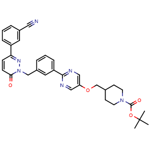 Chemical structure of tert-Butyl 4-{[(2-(3-[(3-(3-cyanophenyl)-6-oxo-1,6-dihydropyridazin-1-yl)methyl]phenyl)pyrimidin-5-yl)oxy]methyl}piperidine-1-carboxylate , CAS 1103506-80-4, AChemBlock AD270544