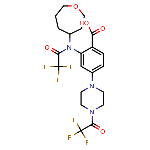 Chemical structure of 2-(2,2,2-trifluoro-N-(oxepan-4-yl)acetamido)-4-(4-(trifluoroacetyl)piperazin-1-yl)benzoic acid , CAS 1108746-18-4, AChemBlock AD270547