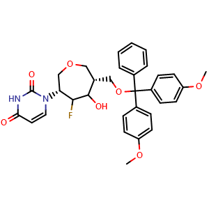 Chemical structure of 1-[(3R,6R)-6-[(bis(4-methoxyphenyl)(phenyl)methoxy)methyl]-4-fluoro-5-hydroxyoxepan-3-yl]-1,2,3,4-tetrahydropyrimidine-2,4-dione , CAS 1117903-09-9, AChemBlock AD270552