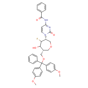 Chemical structure of N-(1-[(3R,6R)-6-[(bis(4-methoxyphenyl)(phenyl)methoxy)methyl]-4-fluoro-5-hydroxyoxepan-3-yl]-2-oxo-1,2-dihydropyrimidin-4-yl)benzamide , CAS 1117903-15-7, AChemBlock AD270553