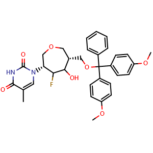 Chemical structure of 1-[(3R,6R)-6-[(bis(4-methoxyphenyl)(phenyl)methoxy)methyl]-4-fluoro-5-hydroxyoxepan-3-yl]-5-methyl-1,2,3,4-tetrahydropyrimidine-2,4-dione , CAS 1117903-20-4, AChemBlock AD270554