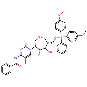 Chemical structure of N-(1-[(3R,6R)-6-[(bis(4-methoxyphenyl)(phenyl)methoxy)methyl]-4-fluoro-5-hydroxyoxepan-3-yl]-5-methyl-2-oxo-1,2-dihydropyrimidin-4-yl)benzamide , CAS 1117903-25-9, AChemBlock AD270555