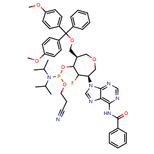 Chemical structure of N-(9-[(3R,6R)-6-[(bis(4-methoxyphenyl)(phenyl)methoxy)methyl]-5-{[(bis(propan-2-yl)amino)(2-cyanoethoxy)phosphanyl]oxy}-4-fluorooxepan-3-yl]-9H-purin-6-yl)benzamide , CAS 1117903-38-4, AChemBlock AD270556