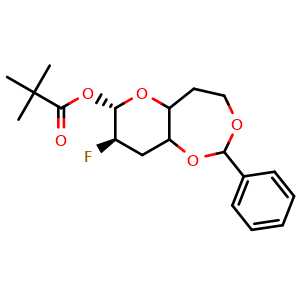 Chemical structure of (4aR,7S,8S,8aR)-8-fluoro-2-phenyl-hexahydro-2H-pyrano[3,2-d][1,3]dioxepin-7-yl 2,2-dimethylpropanoate , CAS 1117903-42-0, AChemBlock AD270557