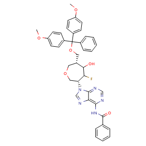 Chemical structure of N-(9-[(3R,6R)-6-[(bis(4-methoxyphenyl)(phenyl)methoxy)methyl]-4-fluoro-5-hydroxyoxepan-3-yl]-9H-purin-6-yl)benzamide , CAS 1117903-80-6, AChemBlock AD270558