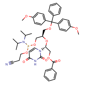 Chemical structure of (2R)-2-(((2R)-1-(bis(4-methoxyphenyl)(phenyl)methoxy)-3-(((2-cyanoethoxy)(diisopropylamino)phosphaneyl)oxy)propan-2-yl)oxy)-2-(2,4-dioxo-3,4-dihydropyrimidin-1(2H)-yl)ethyl benzoate , CAS 1120329-48-7, AChemBlock AD270560