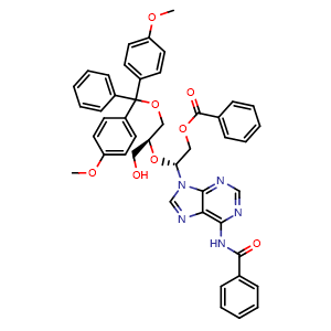 Chemical structure of (R)-2-(6-benzamido-9H-purin-9-yl)-2-(((S)-1-(bis(4-methoxyphenyl)(phenyl)methoxy)-3-hydroxypropan-2-yl)oxy)ethyl benzoate , CAS 1120329-51-2, AChemBlock AD270561