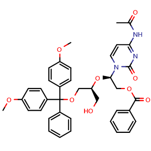Chemical structure of (R)-2-(4-acetamido-2-oxopyrimidin-1(2H)-yl)-2-(((S)-1-(bis(4-methoxyphenyl)(phenyl)methoxy)-3-hydroxypropan-2-yl)oxy)ethyl benzoate , CAS 1120329-55-6, AChemBlock AD270562