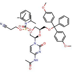 Chemical structure of (2R)-2-(4-acetamido-2-oxopyrimidin-1(2H)-yl)-2-(((2R)-1-(bis(4-methoxyphenyl)(phenyl)methoxy)-3-(((2-cyanoethoxy)(diisopropylamino)phosphaneyl)oxy)propan-2-yl)oxy)ethyl benzoate , CAS 1120329-56-7, AChemBlock AD270563