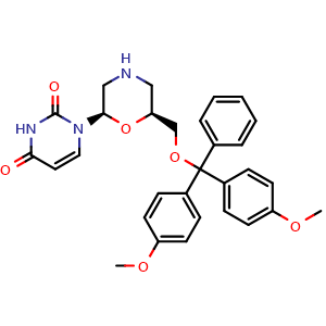 Chemical structure of 1-[(2R,6S)-6-[(bis(4-methoxyphenyl)(phenyl)methoxy)methyl]morpholin-2-yl]-1,2,3,4-tetrahydropyrimidine-2,4-dione , CAS 1127343-02-5, AChemBlock AD270566