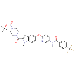 Chemical structure of tert-Butyl 4-(1-methyl-5-[(5-(N-methyl4-(trifluoromethyl)benzamido)pyridin-2-yl)oxy]-1H-indole-2-carbonyl)piperazine-1-carboxylate , CAS 1150745-48-4, AChemBlock AD270574