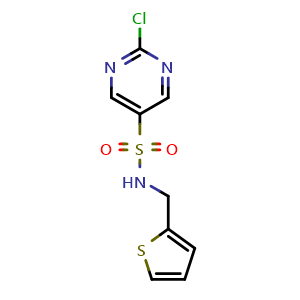 Chemical structure of 2-chloro-N-[(thiophen-2-yl)methyl]pyrimidine-5-sulfonamide , CAS 1156385-71-5, AChemBlock AD270588