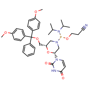 Chemical structure of 3-({[(2S,6R)-2-[(bis(4-methoxyphenyl)(phenyl)methoxy)methyl]-6-(2,4-dioxo-1,2,3,4-tetrahydropyrimidin-1-yl)morpholin-4-yl](bis(propan-2-yl)amino)phosphanyl}oxy)propanenitrile , CAS 1157851-57-4, AChemBlock AD270589