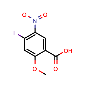 Chemical structure of 4-iodo-2-methoxy-5-nitrobenzoic acid , CAS 118137-59-0, AChemBlock AD270603