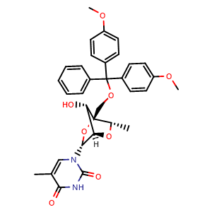 Chemical structure of 1-((1R,3R,4R,6S,7S)-1-((bis(4-methoxyphenyl)(phenyl)methoxy)methyl)-7-hydroxy-6-methyl-2,5-dioxabicyclo[2.2.1]heptan-3-yl)-5-methylpyrimidine-2,4(1H,3H)-dione , CAS 1197033-21-8, AChemBlock AD270614