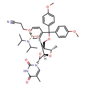 Chemical structure of 3-[({[(1S,3R,4R,6S,7S)-1-[(bis(4-methoxyphenyl)(phenyl)methoxy)methyl]-6-methyl-3-(5-methyl-2,4-dioxo-1,2,3,4-tetrahydropyrimidin-1-yl)-2,5-dioxabicyclo[2.2.1]heptan-7-yl]oxy}(bis(propan-2-yl)amino)phosphanyl)oxy]propanenitrile , CAS 1197033-22-9, AChemBlock AD270615