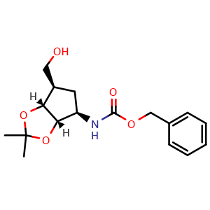 Chemical structure of Benzyl ((3aS,4R,6R,6aR)-6-(hydroxymethyl)-2,2-dimethyltetrahydro-4H-cyclopenta[d][1,3]dioxol-4-yl)carbamate , CAS 1208987-31-8, AChemBlock AD270621