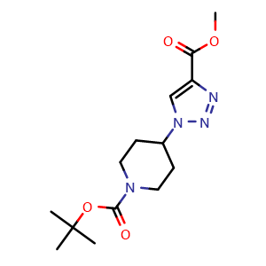 Chemical structure of tert-Butyl 4-(4-(methoxycarbonyl)-1H-1,2,3-triazol-1-yl)piperidine-1-carboxylate , CAS 1229516-75-9, AChemBlock AD270642