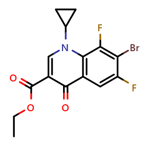 Chemical structure of Ethyl 7-bromo-1-cyclopropyl-6,8-difluoro-4-oxo-1,4-dihydroquinoline-3-carboxylate , CAS 123942-25-6, AChemBlock AD270647