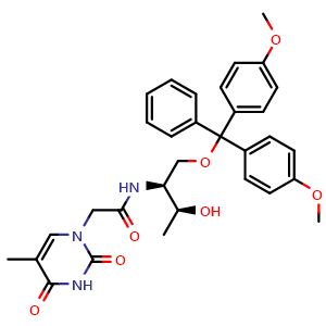 Chemical structure of N-[(2S,3S)-1-(bis(4-methoxyphenyl)(phenyl)methoxy)-3-hydroxybutan-2-yl]-2-(5-methyl-2,4-dioxo-1,2,3,4-tetrahydropyrimidin-1-yl)acetamide , CAS 1253933-46-8, AChemBlock AD270663